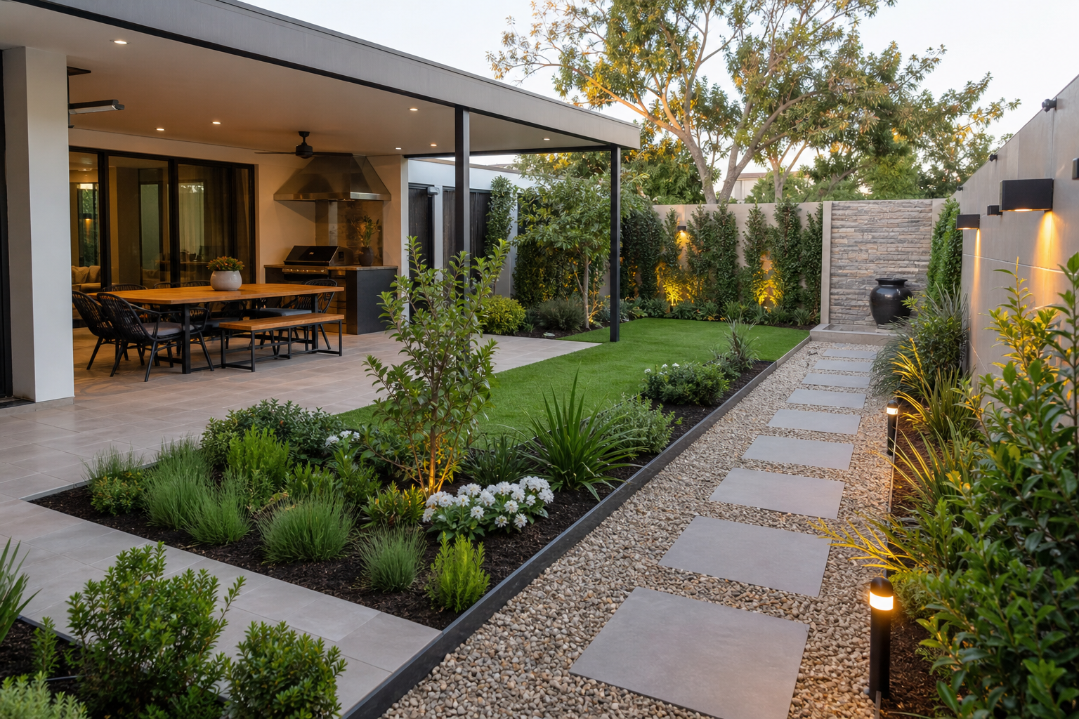 Modern patio with planted beds, neat borders, and clean finishes in a residential outdoor space