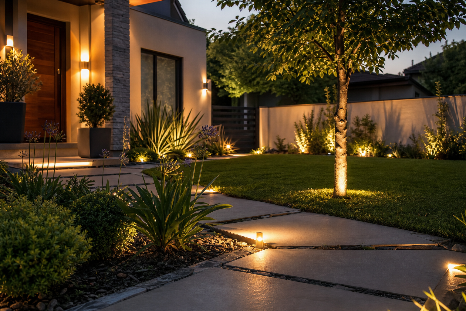 Residential garden at dusk with defined pathways and well-maintained vegetation