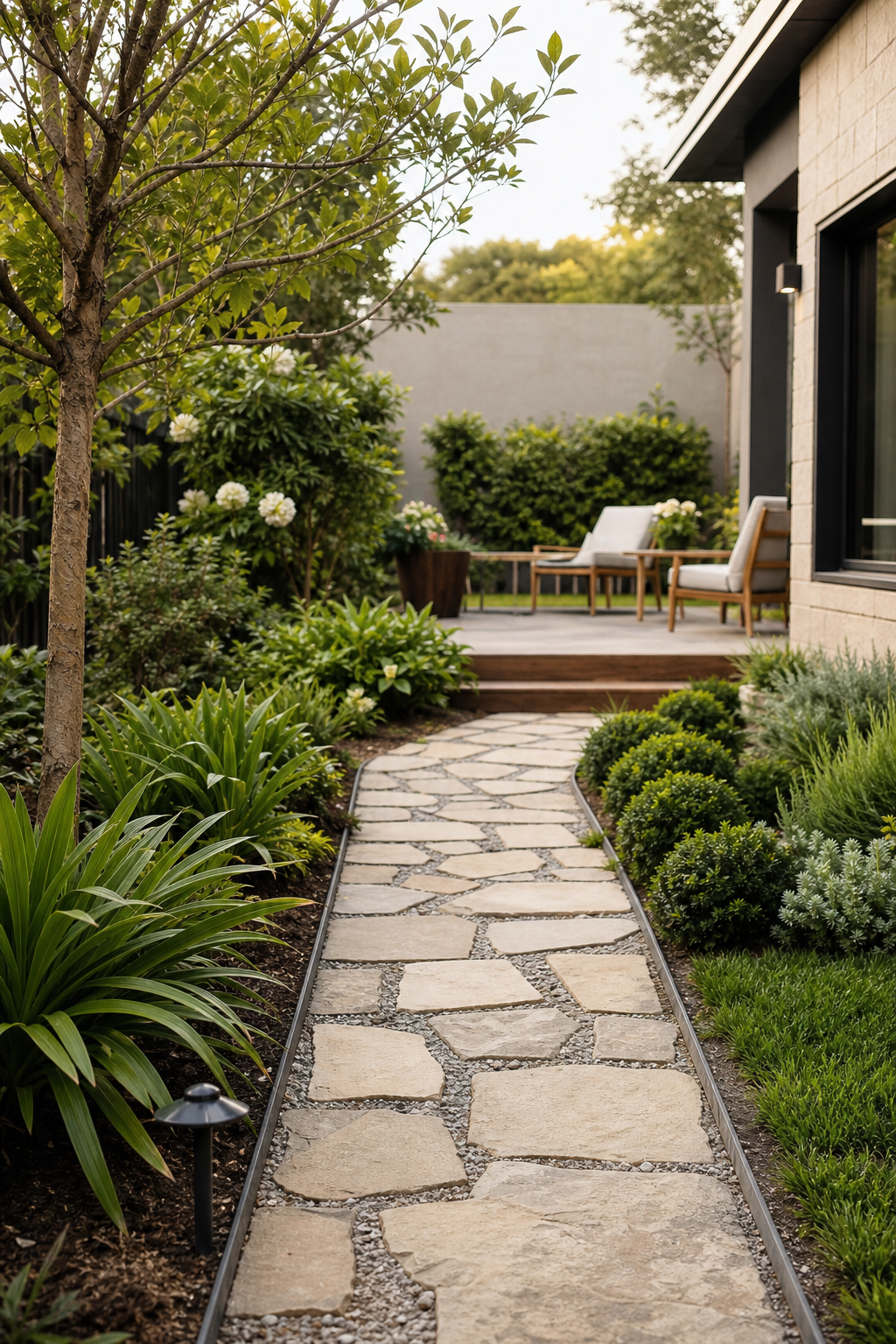 Outdoor patio with a natural stone path, defined edges, and ornamental greenery