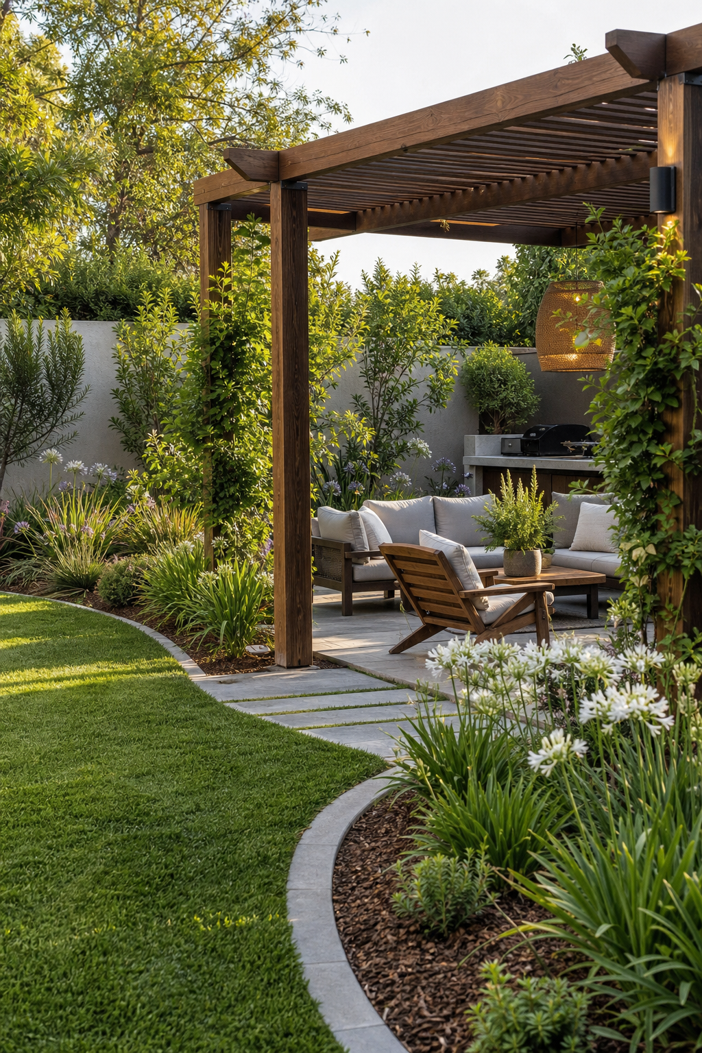 Outdoor seating area with a wooden pergola, manicured lawn, and defined planting beds