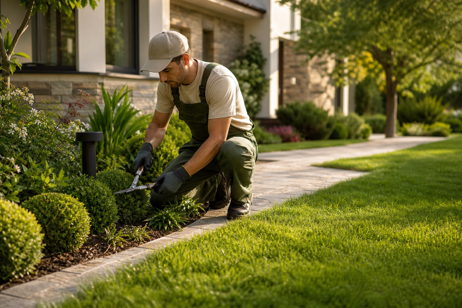 Professional performing maintenance in a well-kept residential garden with green lawn, trimmed shrubs, and a clean walkway