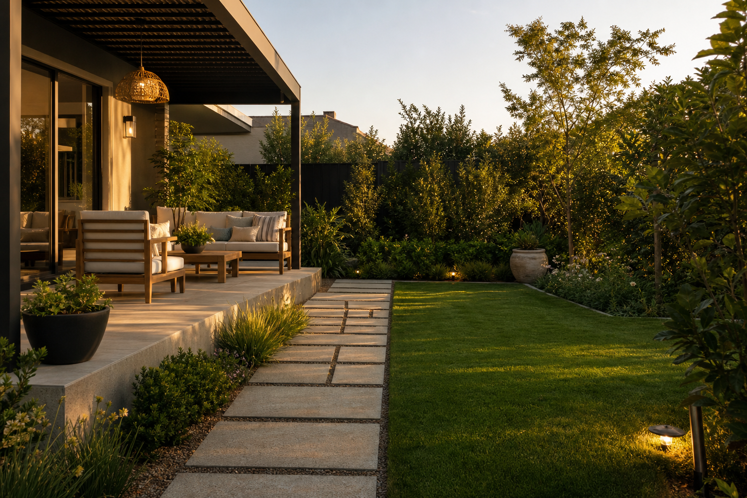 Remodeled residential patio with a new green area, stone pathway, and functional terrace