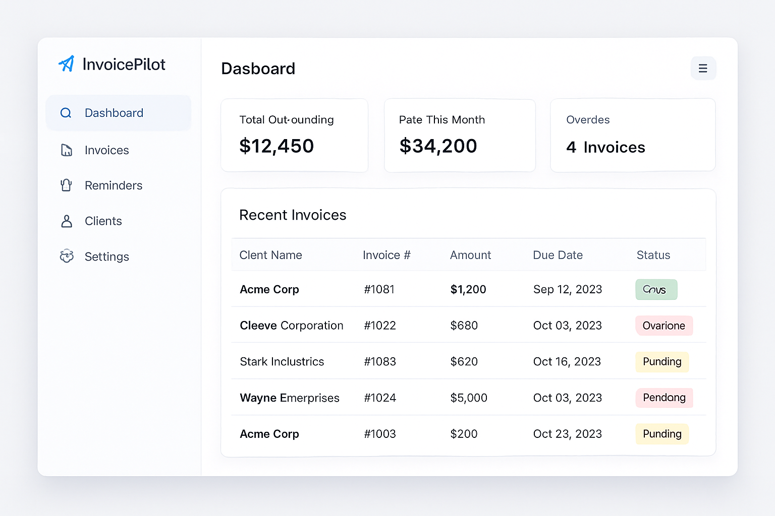 InvoicePilot dashboard showing overdue invoice tracking, payment status overview, and automated reminder scheduling for a small agency