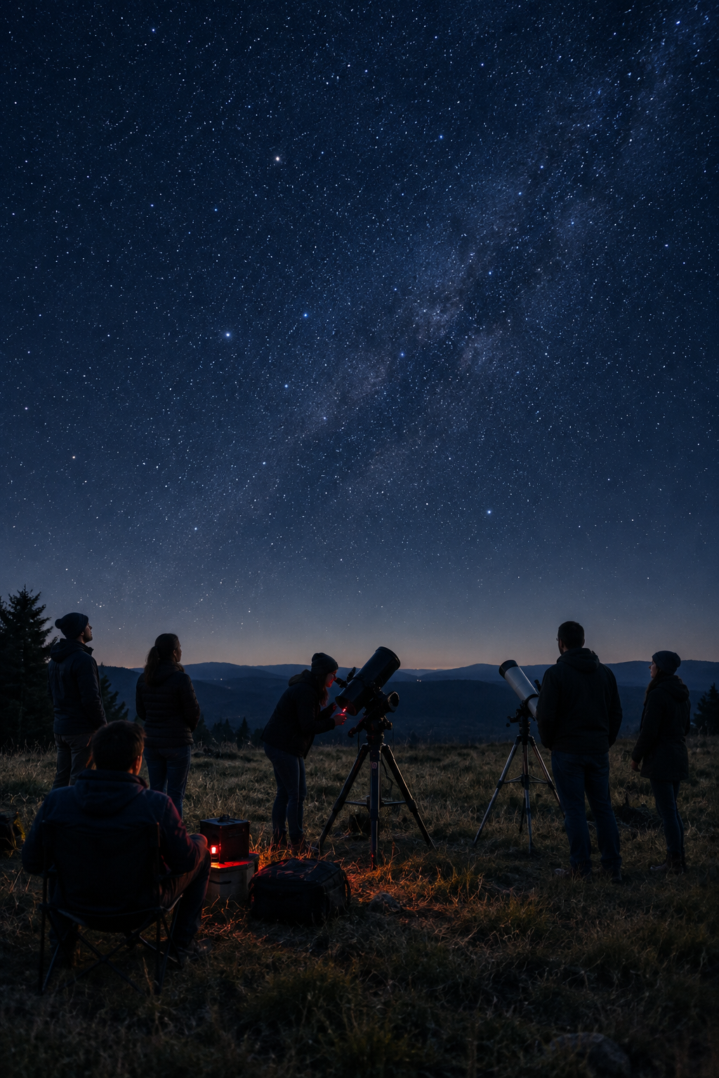 Calm astronomy club meetup beneath a star-filled night sky with a few telescopes and observers in silhouette
