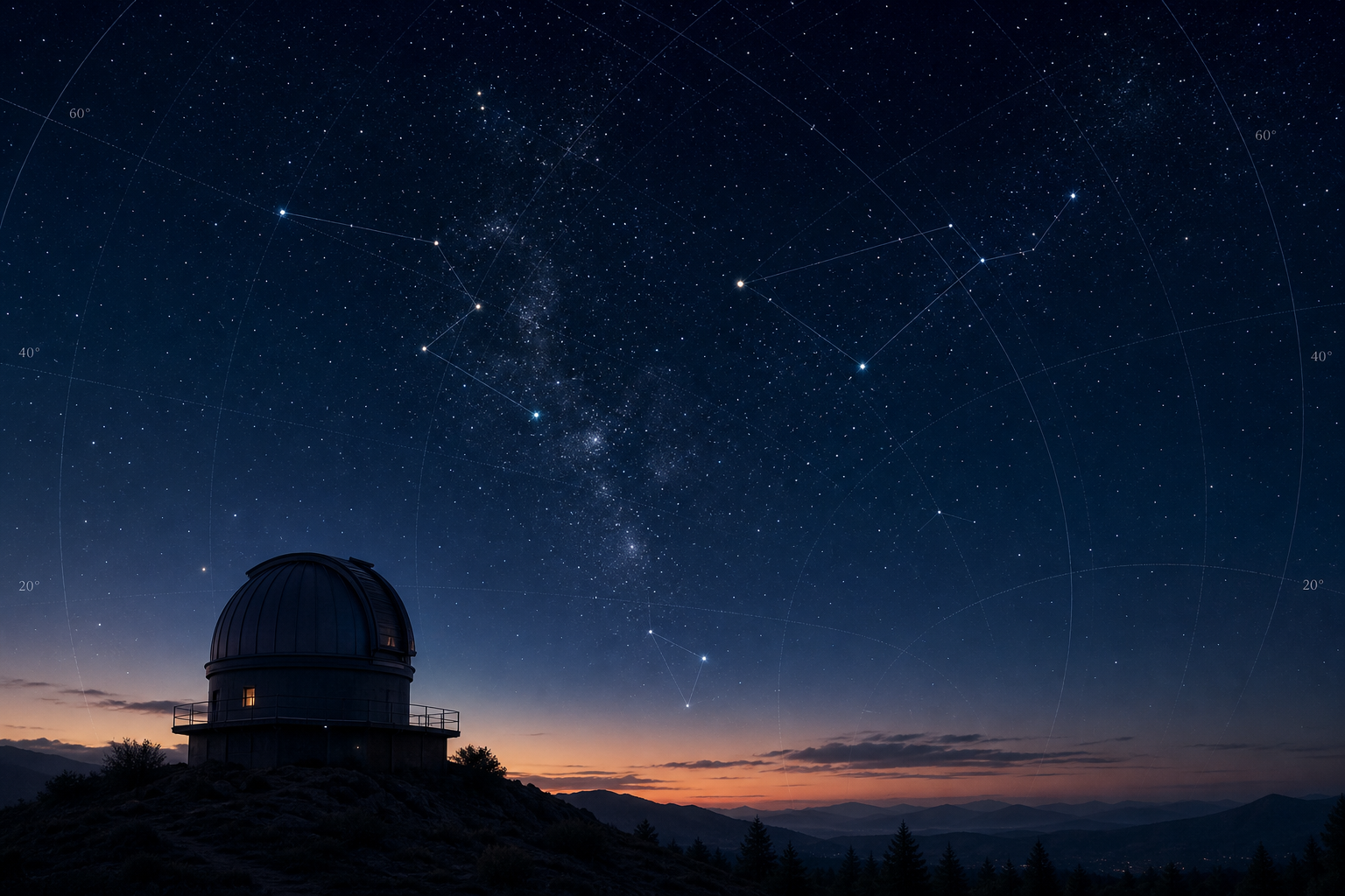 Wide observatory night-sky scene with star-chart styling