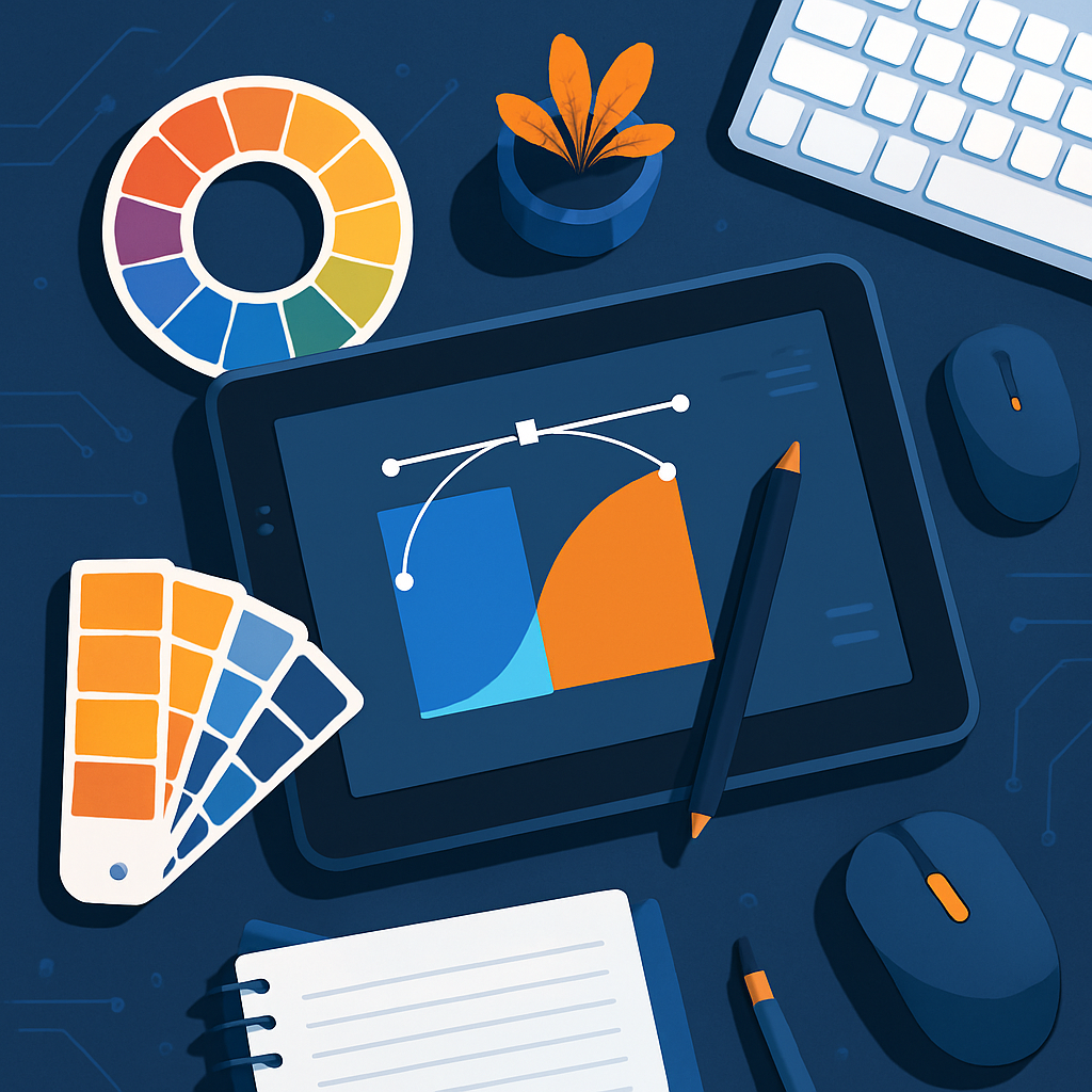 Creative graphic design workspace with digital tablet and color palette