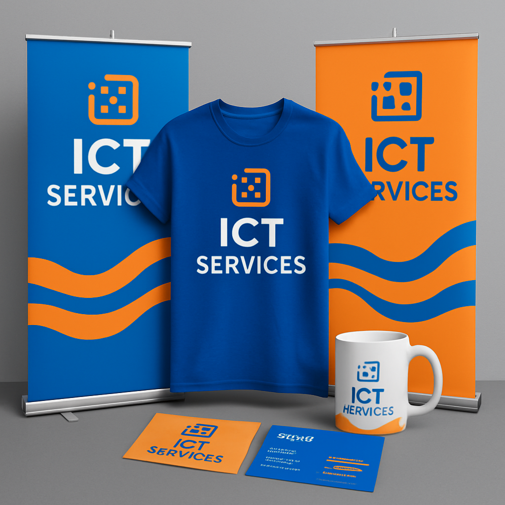 Printed banners, branded merchandise, and business cards