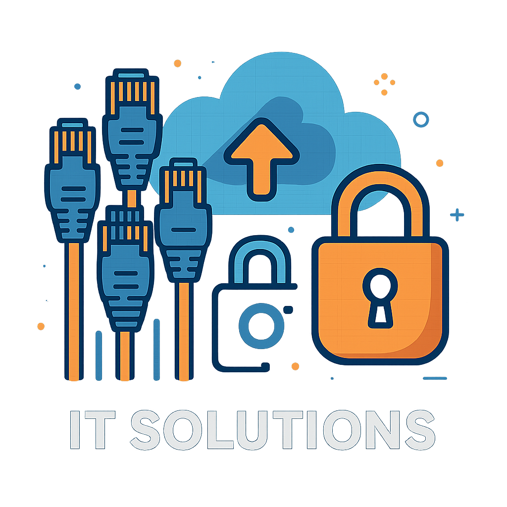 Networking cables, cloud, and security icons representing IT solutions