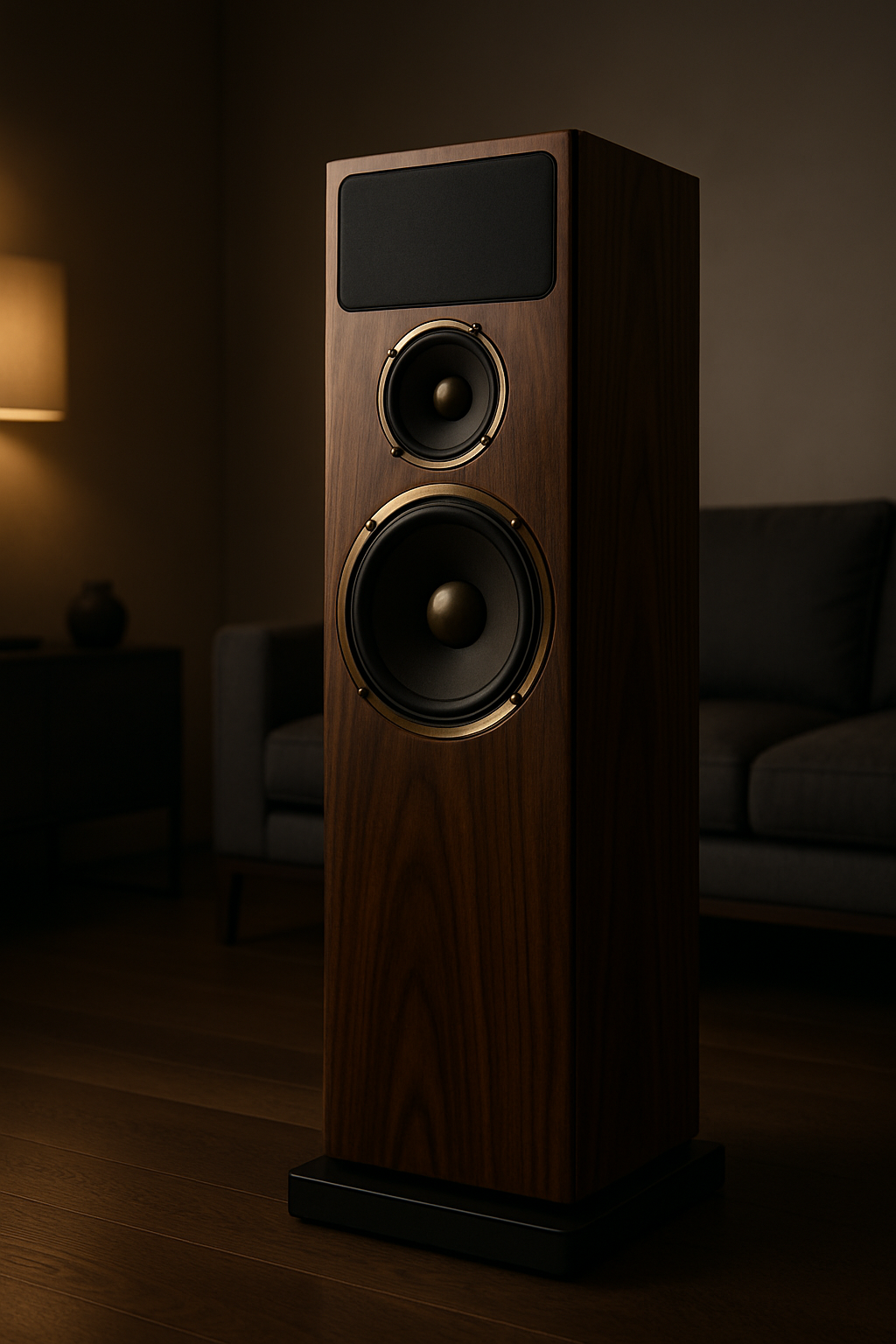 Elegant custom floor-standing speaker with dark walnut cabinet and brass-accented drivers in a softly lit modern living room