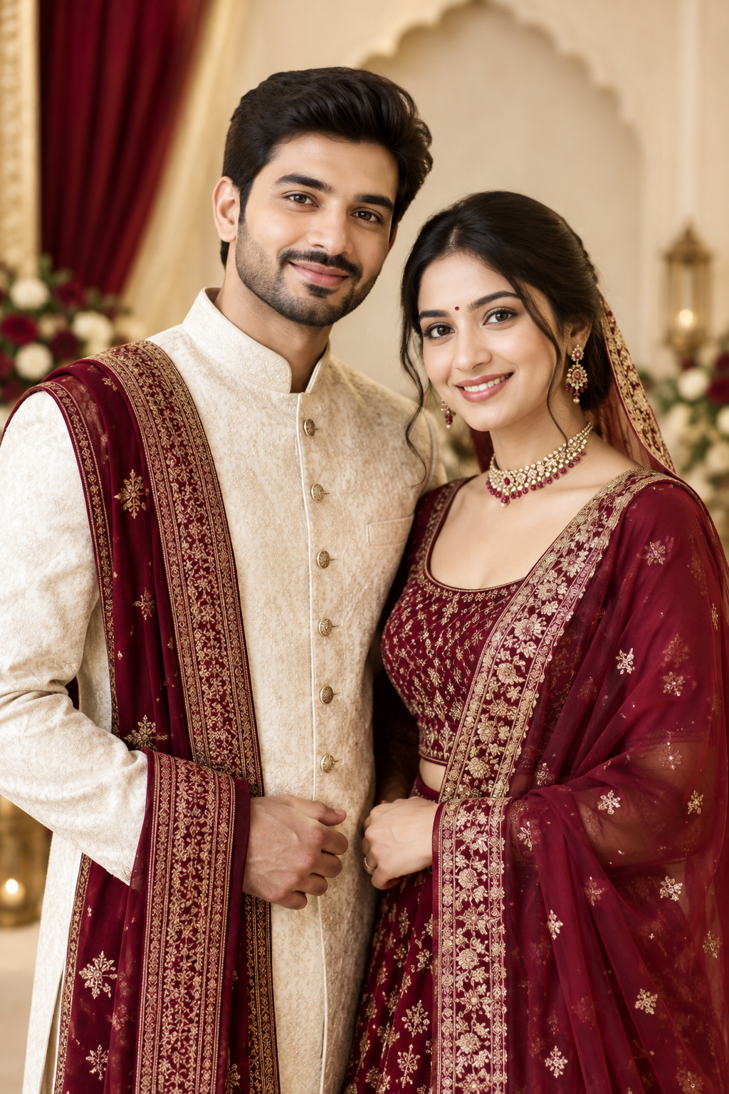 Elegant portrait of an Indian couple in traditional wedding-inspired attire, smiling with a respectful and warm expression