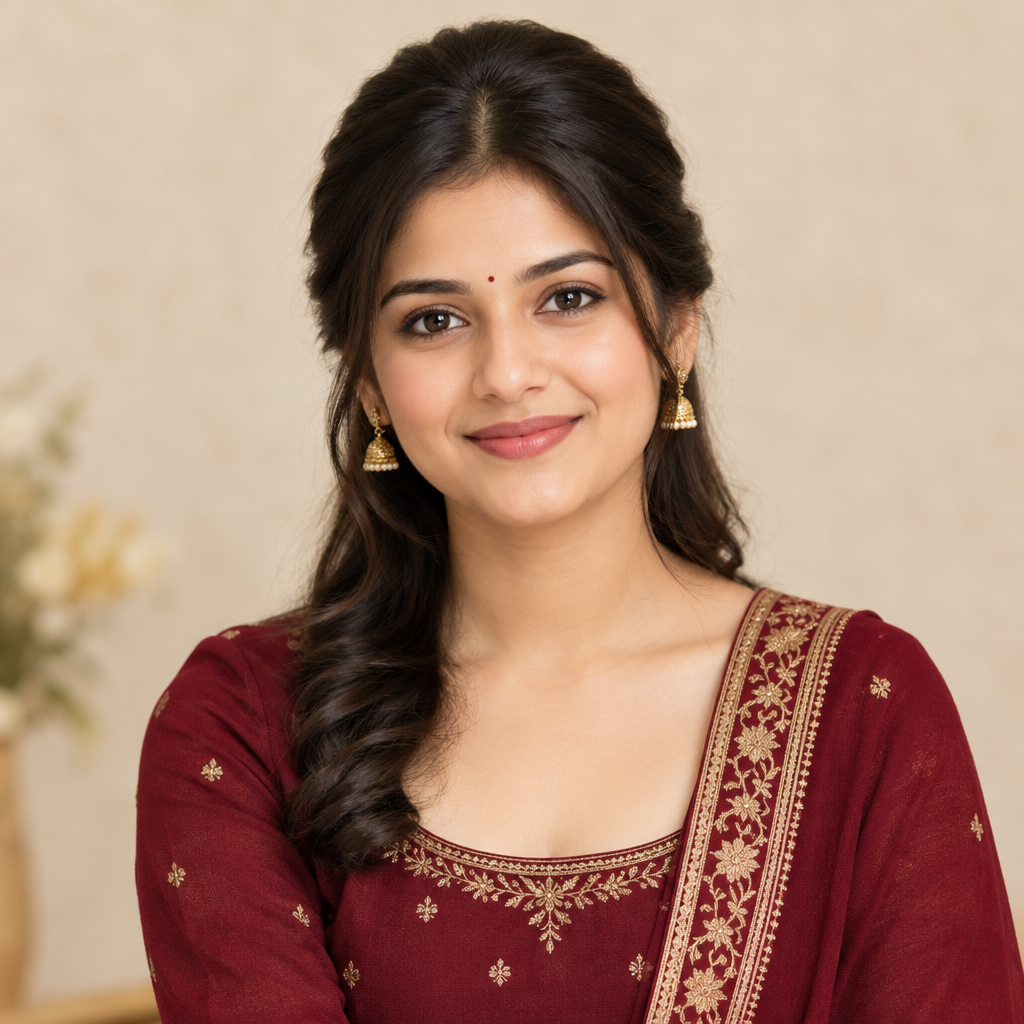Portrait of a young Indian woman in maroon attire with a soft smile against a neutral studio background