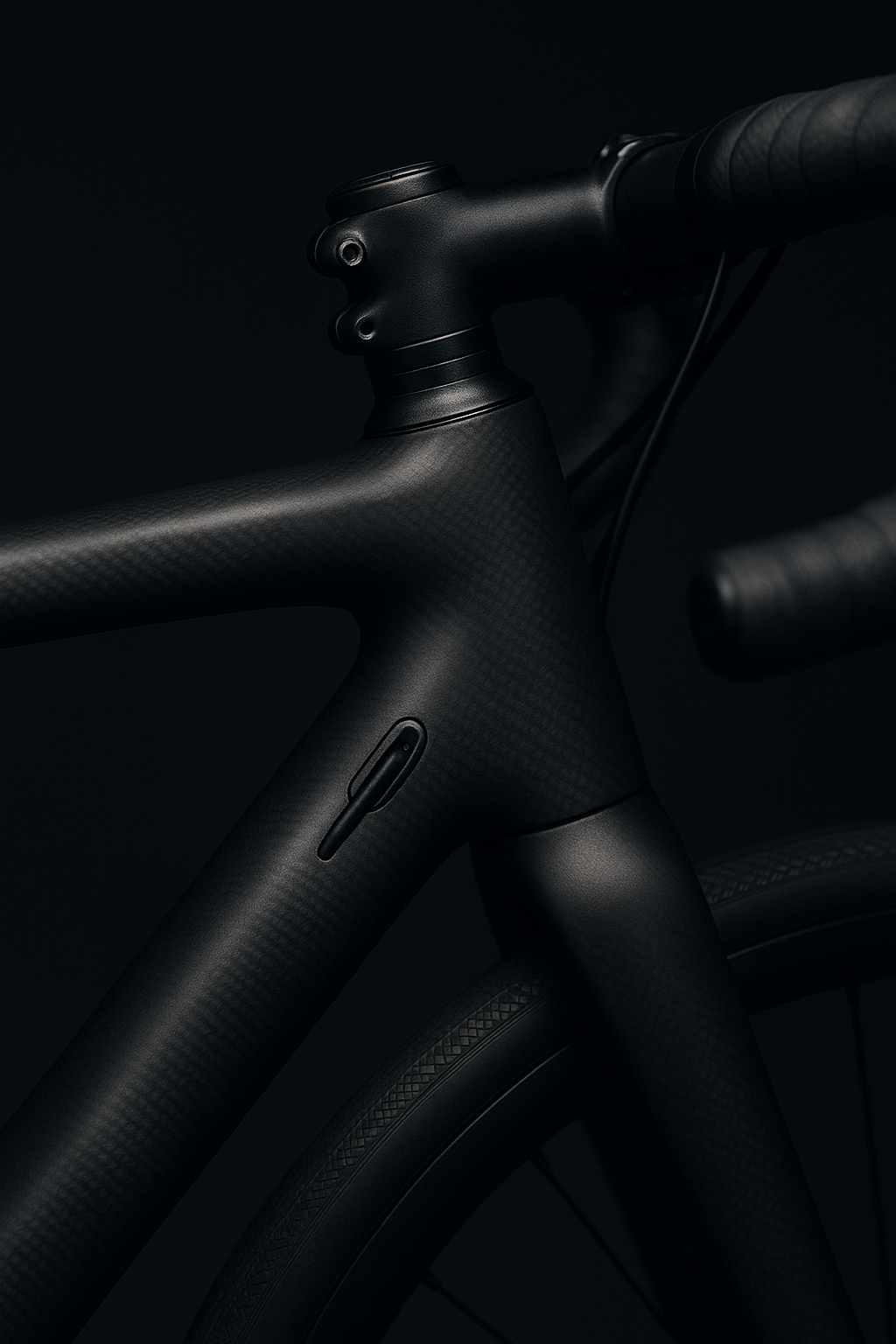 Close-up of the Topstone 4 Carbon frame and cockpit junction, showing matte carbon texture, clean cable routing, and metallic component detailing