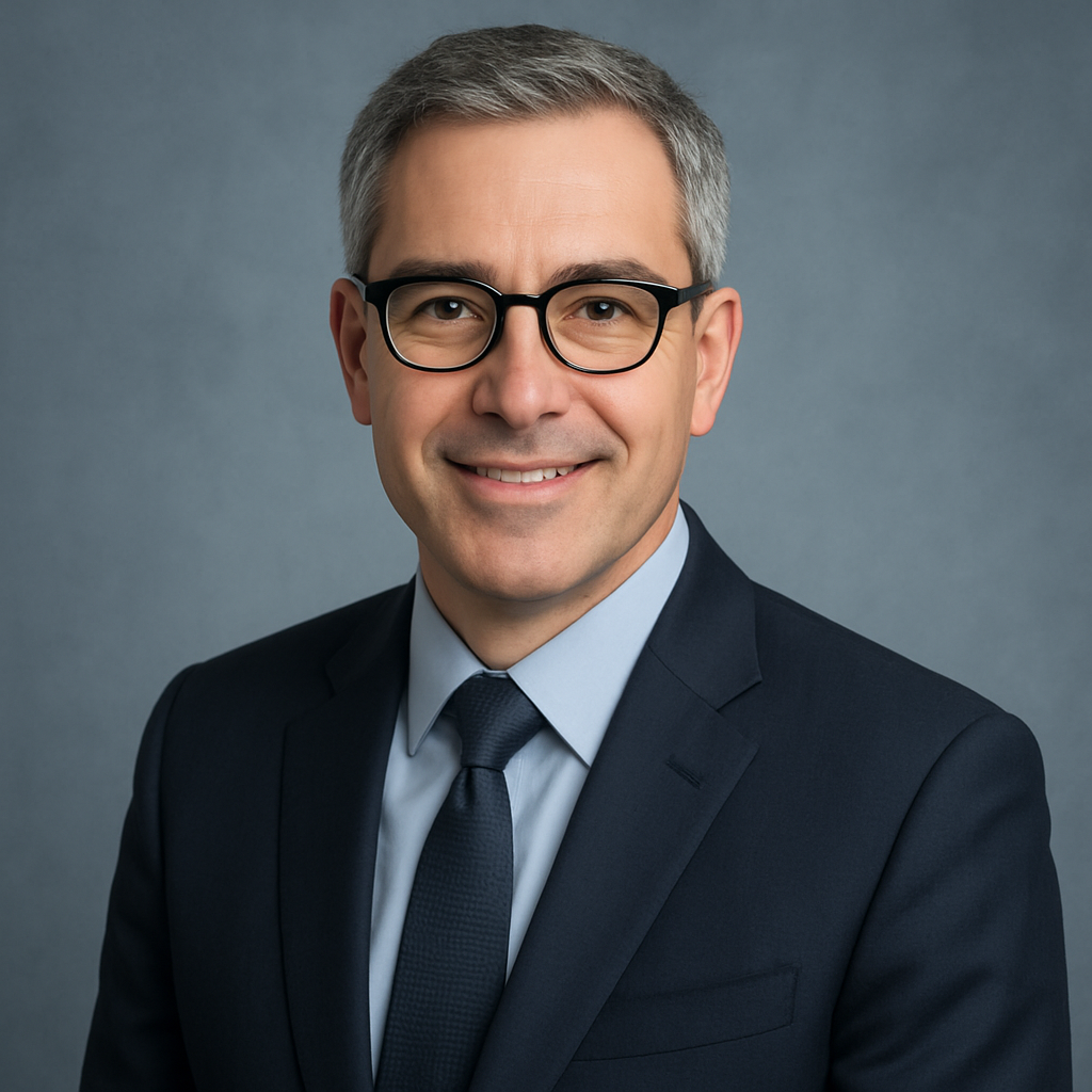 Professional middle-aged man with short salt-and-pepper hair and glasses