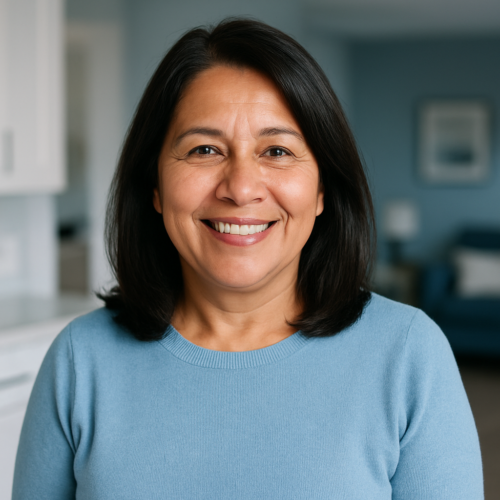 Smiling middle-aged Latina homeowner with shoulder-length dark hair