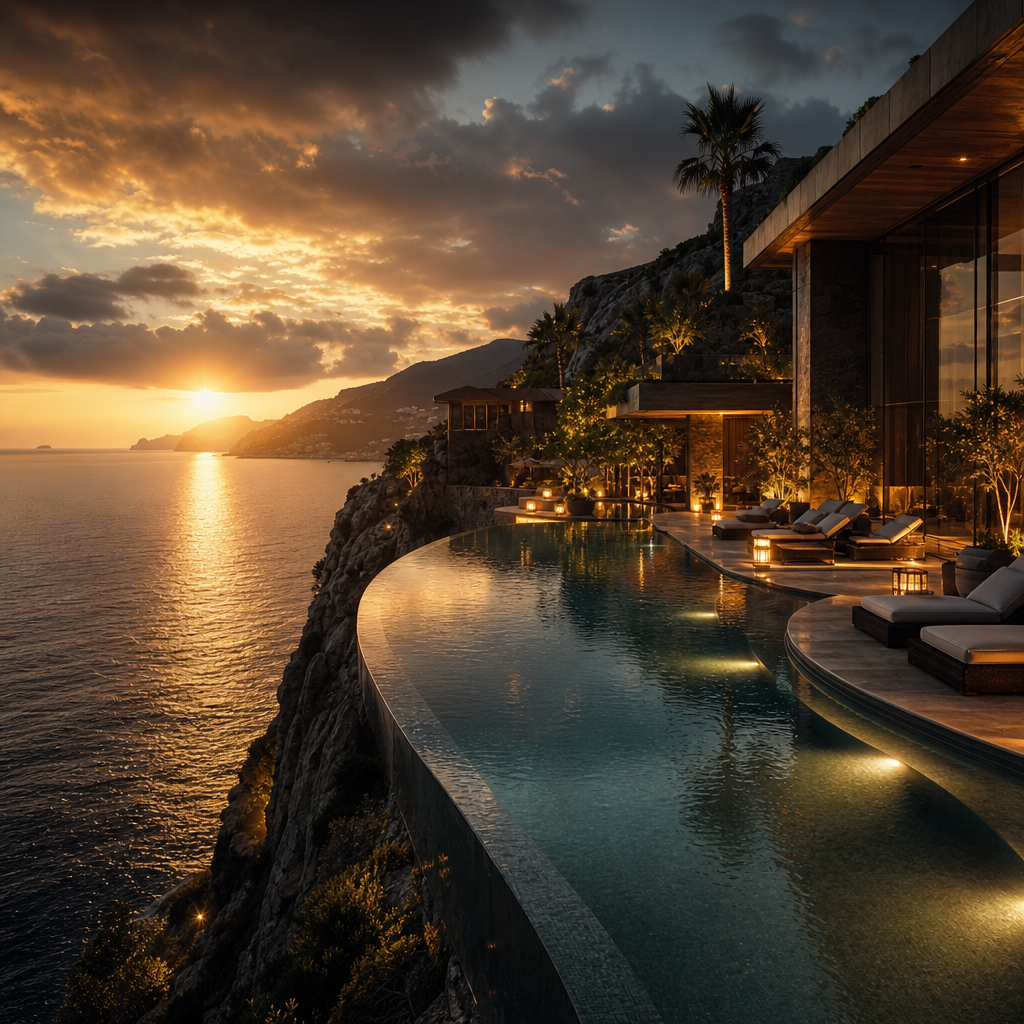 Cinematic luxury coastal escape at golden dusk with a cliffside infinity pool, elegant terrace lighting, and expansive ocean horizon