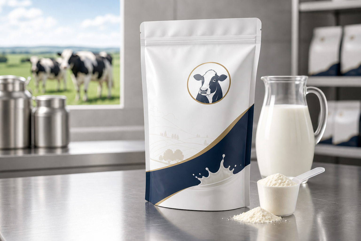 Premium A2 milk powder in a polished export-grade pouch with clean labeling, presented on a modern industrial counter