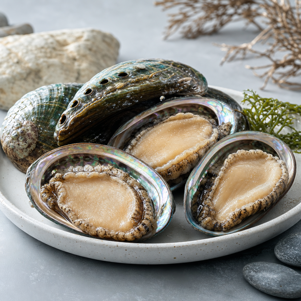 Glossy New Zealand abalone shells with cleaned abalone meat on a ceramic platter, styled with minimal coastal accents