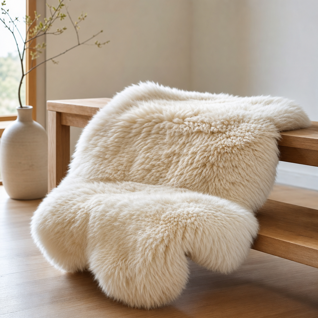 Heritage wool blankets in warm sandstone and deep slate colors draped over a premium leather chair