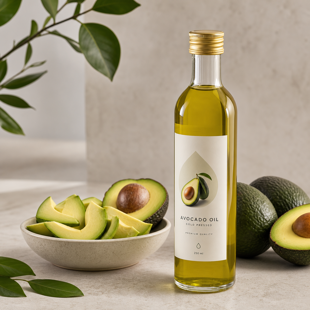 Premium cold-pressed avocado oil in a clear glass bottle with a minimalist label beside a small bowl of sliced avocados on a light stone surface, styled in a clean studio setting
