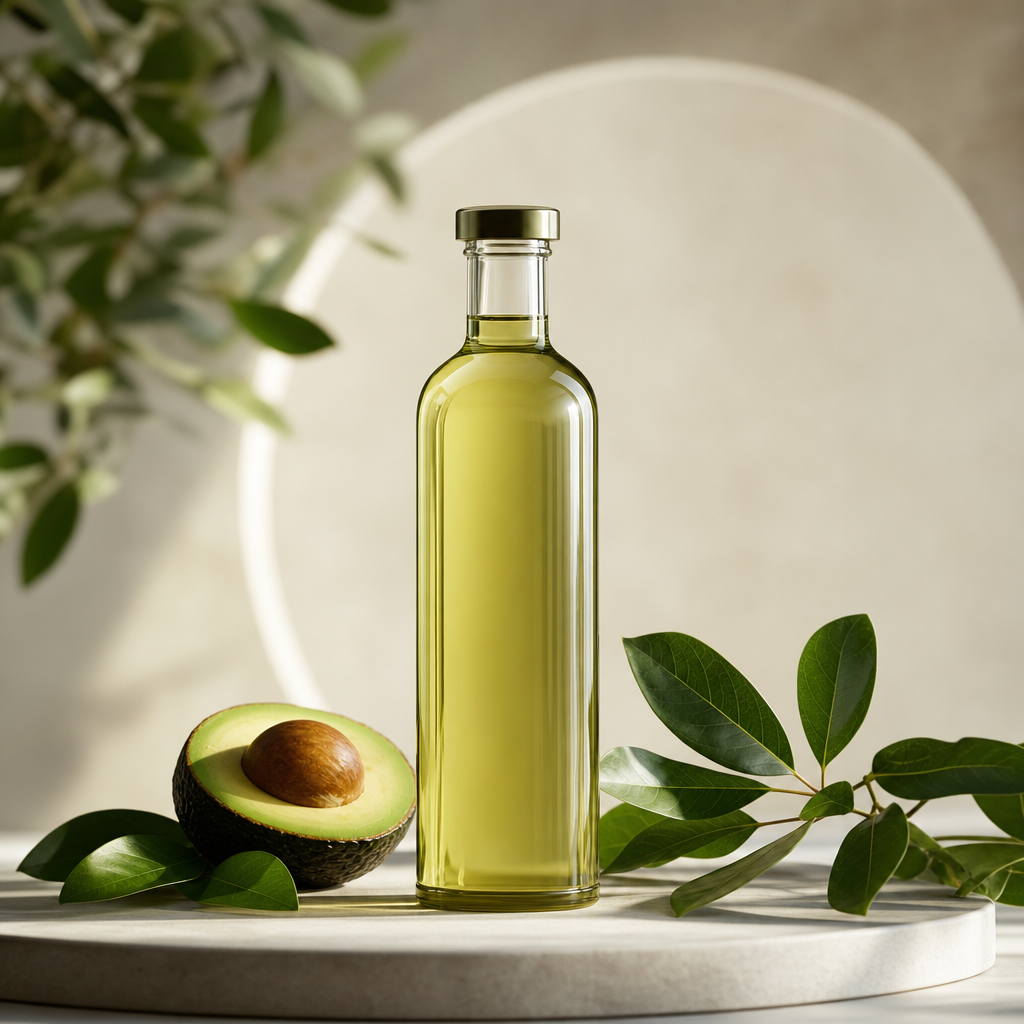 Minimal glass bottle of avocado oil with soft green tones