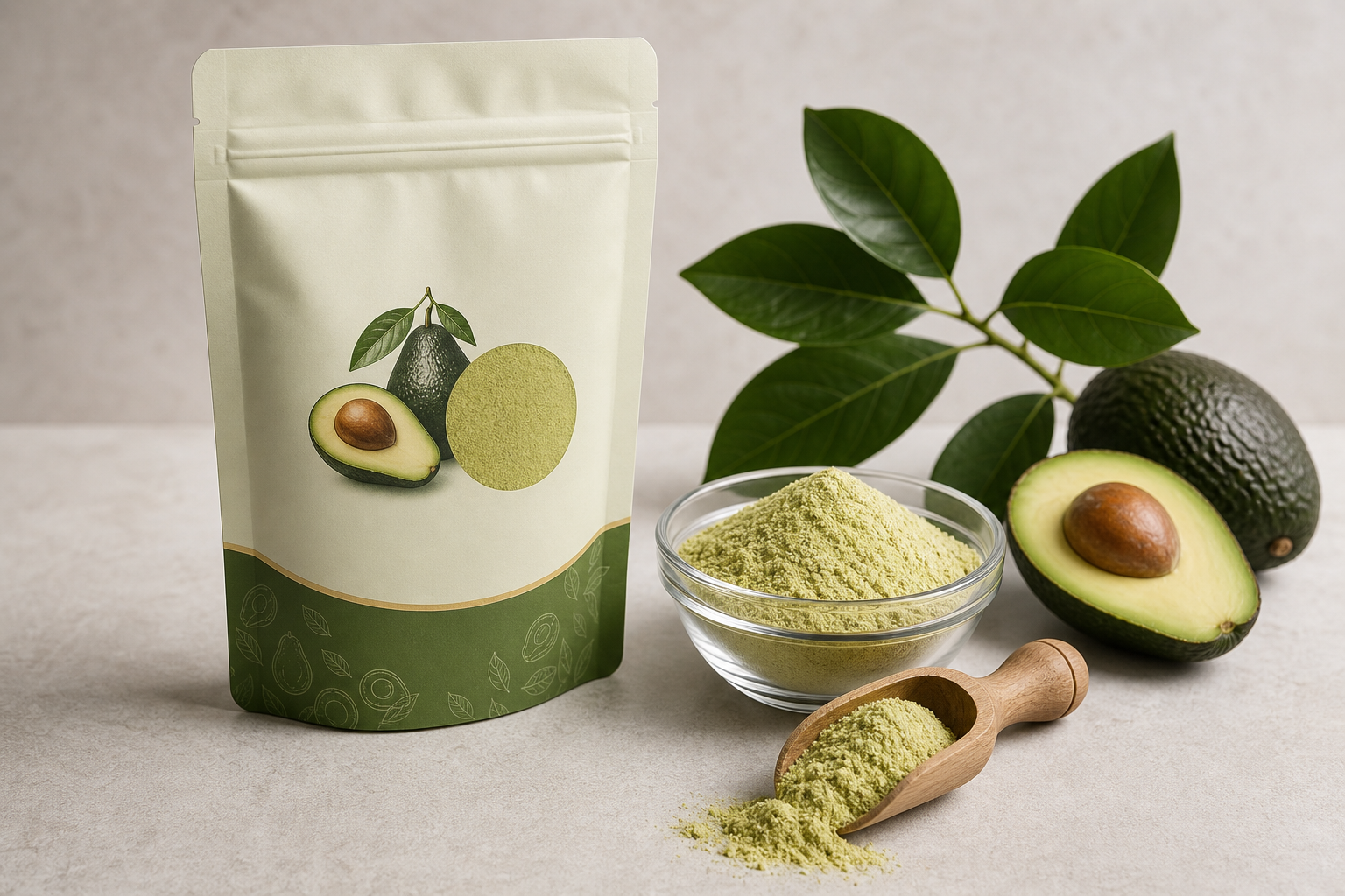 Premium studio product photography of avocado powder in a refined export-ready presentation with clean packaging and measured powder on a neutral surface