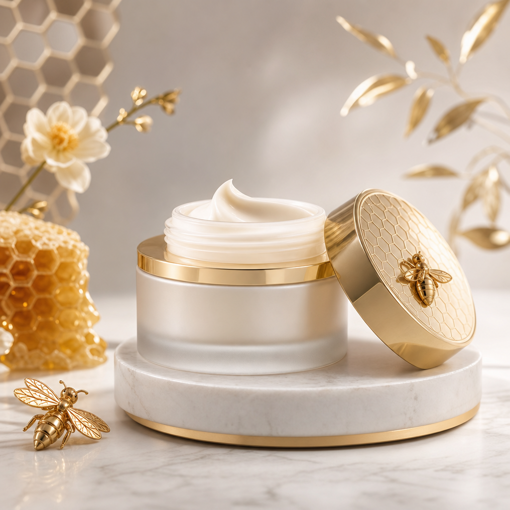 Refined skincare jar with golden bee-inspired accents