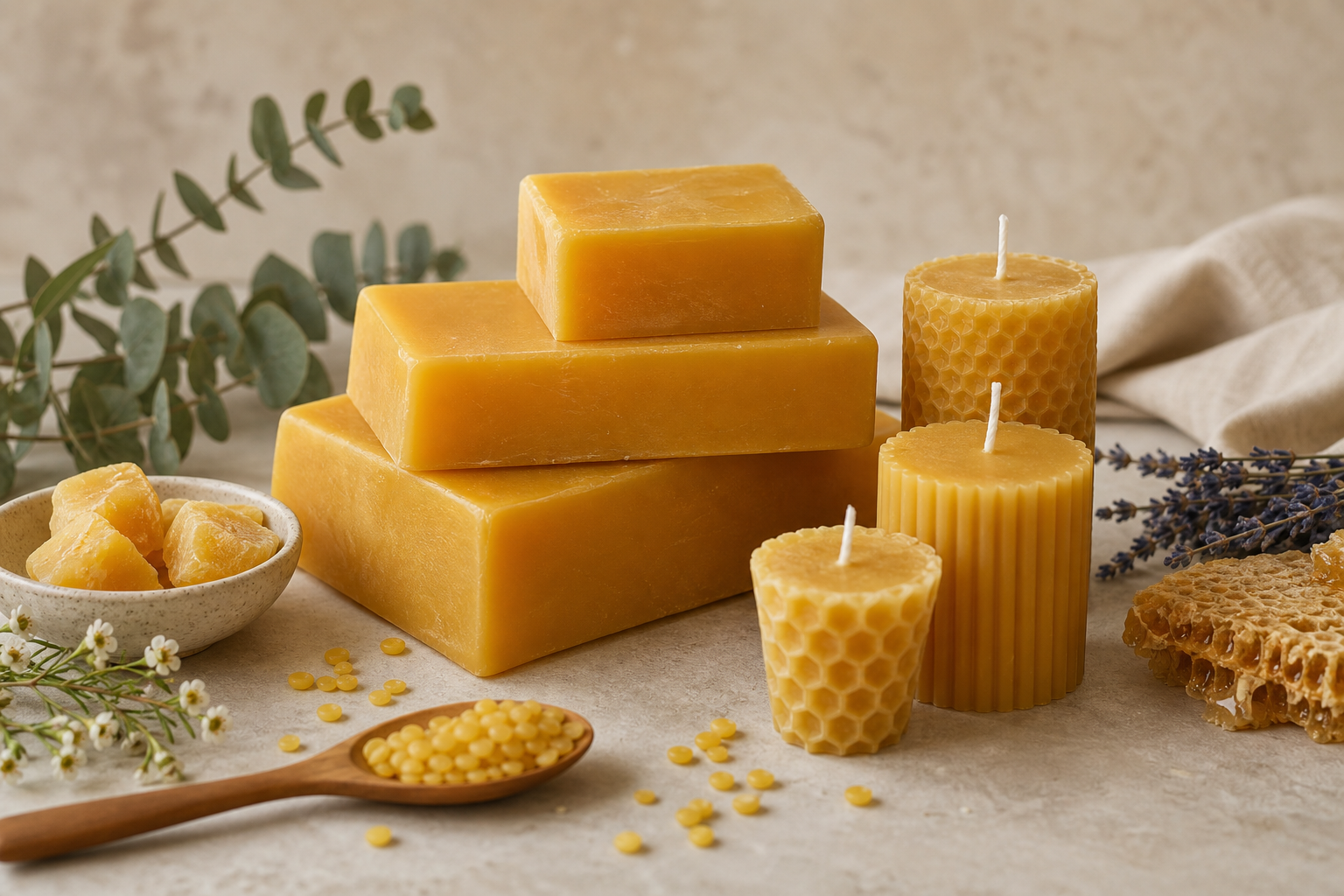 Natural beeswax blocks and artisan candles in soft honey tones with botanical accents