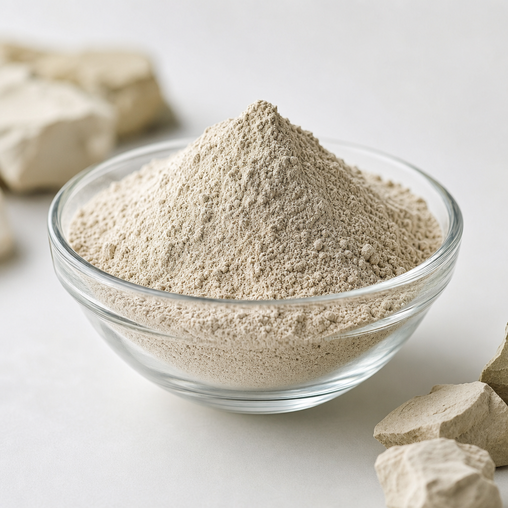 Finely milled bentonite clay in a clean glass bowl