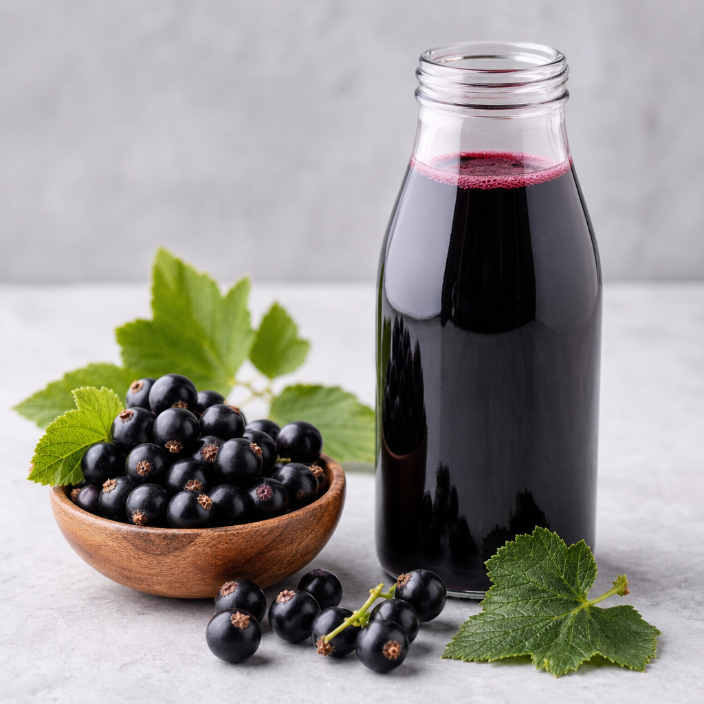 Dark purple blackcurrant concentrate in a clear glass bottle beside fresh blackcurrants