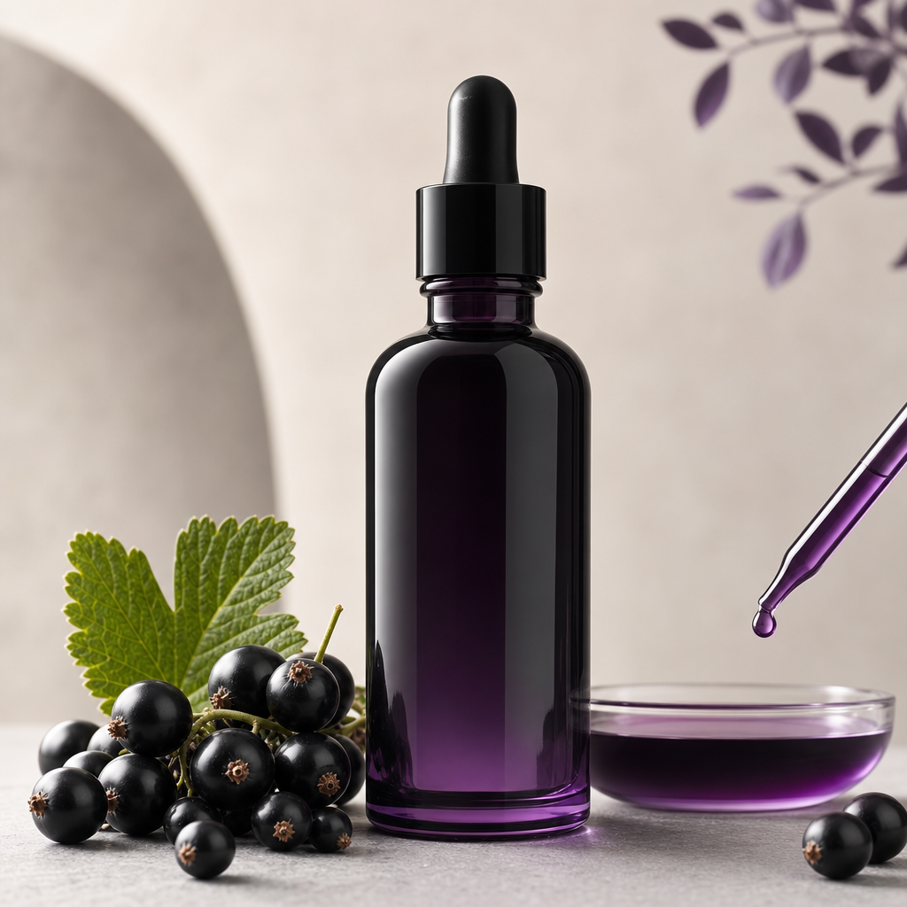Dark glass bottle of blackcurrant seed oil with deep purple accents