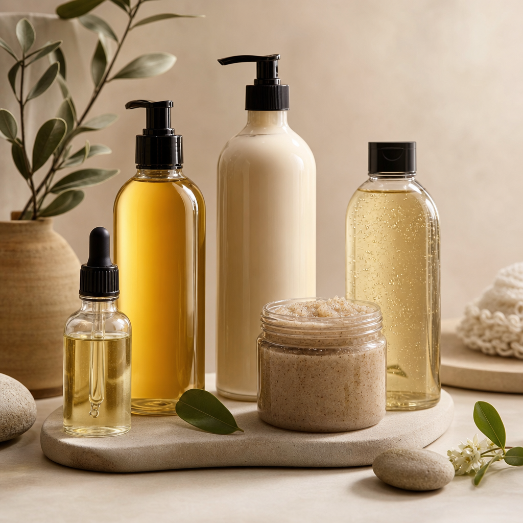 Set of premium botanical oil bottles with neutral labeling