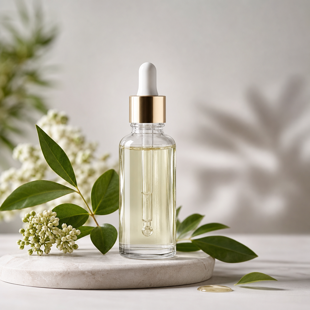 Elegant dropper bottle of botanical face serum on a clean surface