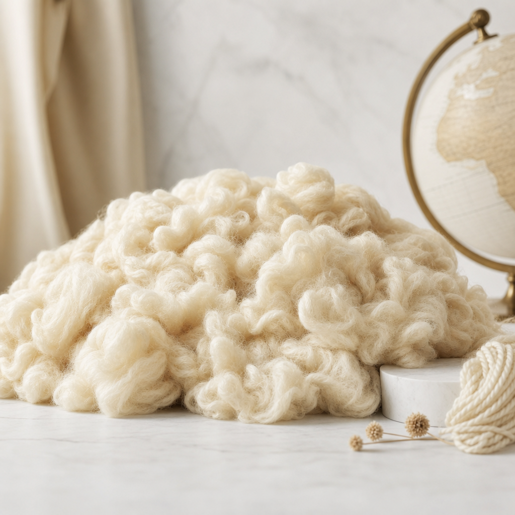 Export-grade scoured New Zealand wool presented in a clean, ready-to-process textile display