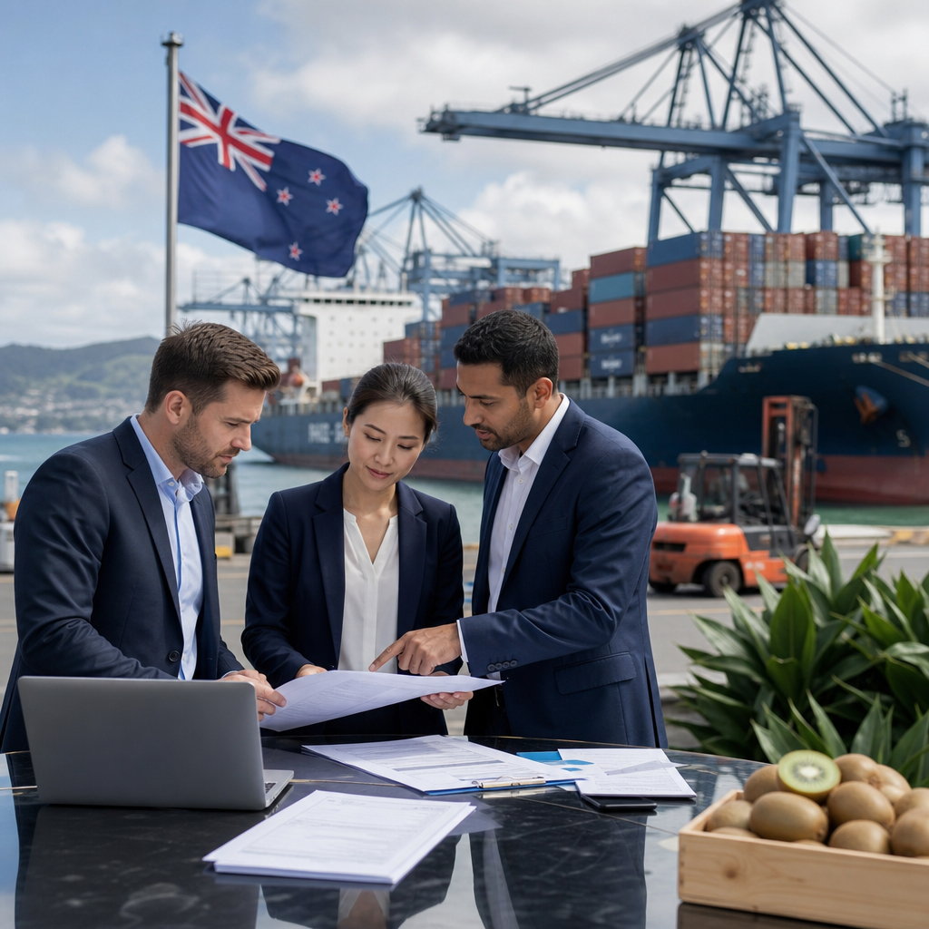 Logistics coordination at a New Zealand port with containers and export documentation review