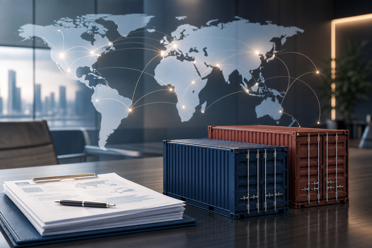 Global logistics map with shipping containers and export documentation on a polished boardroom table