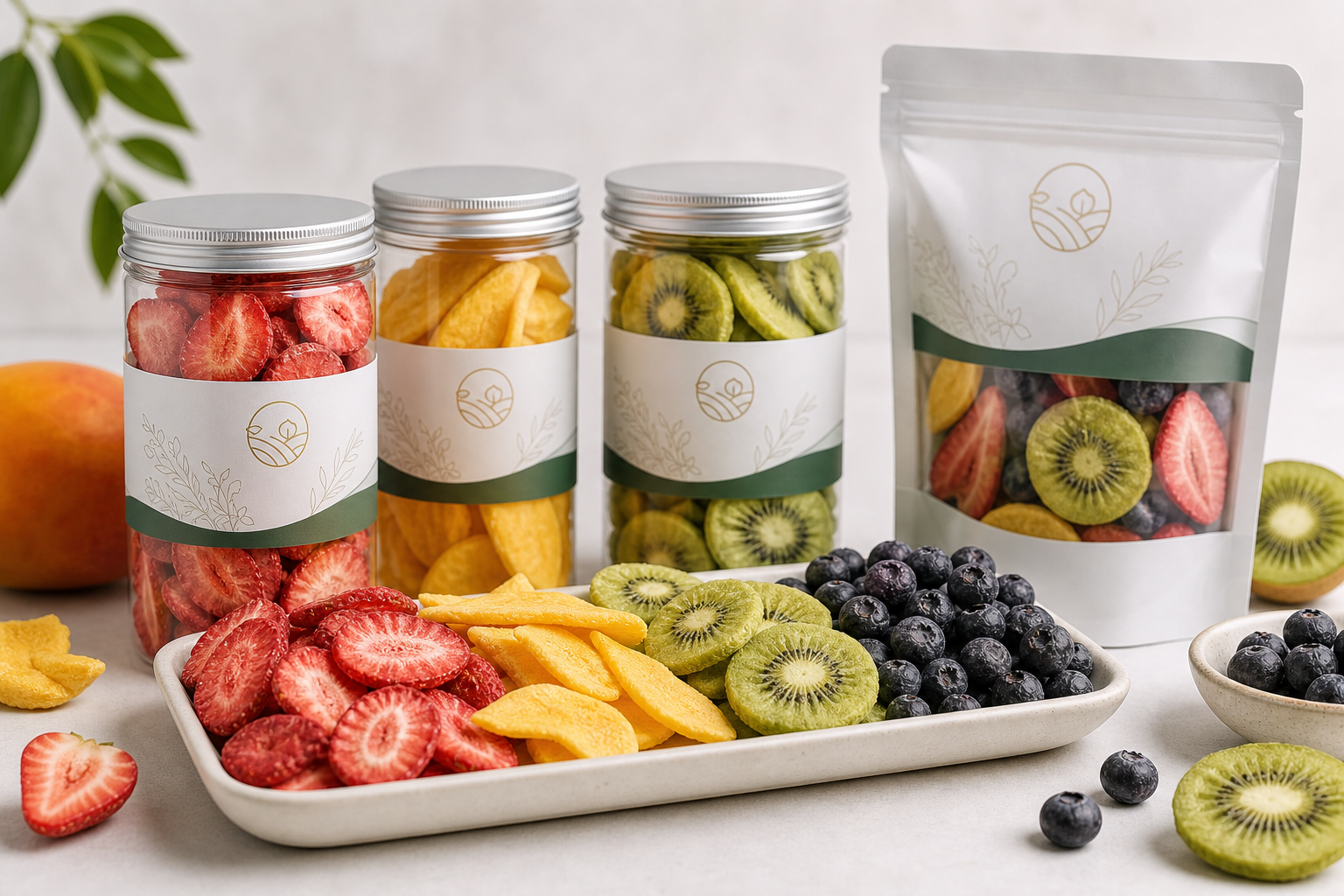 Premium studio product photography of assorted freeze-dried fruit in a refined export-ready presentation with vibrant fruit tones, clean composition, and soft diffused lighting.