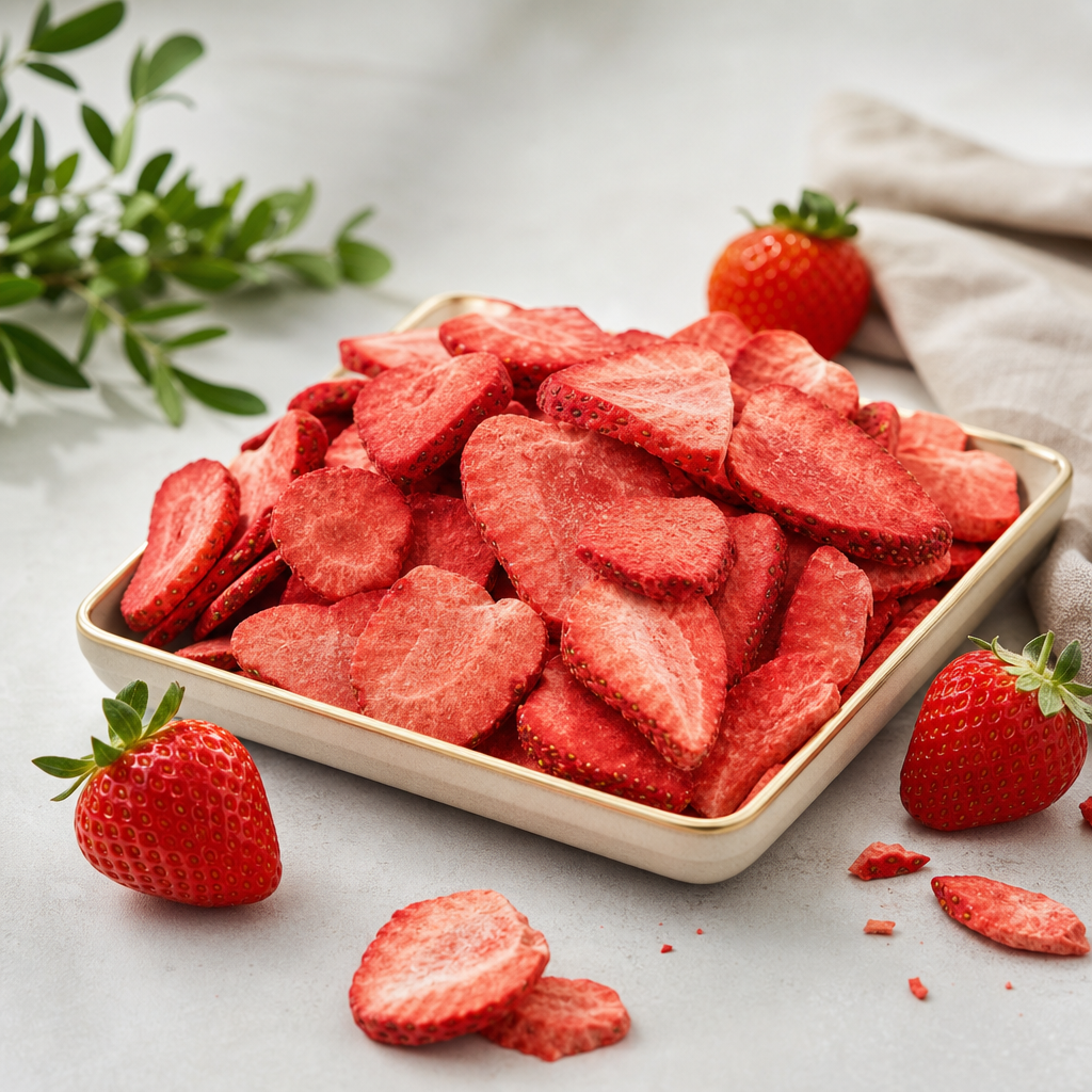 Vibrant freeze-dried strawberry slices in a shallow tray with a few whole berries, clean studio lighting