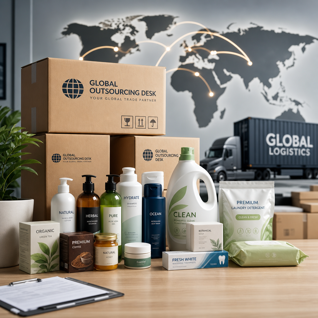 Global consumer goods display with premium packaged household items, personal care products, and shipping cartons on a modern logistics table