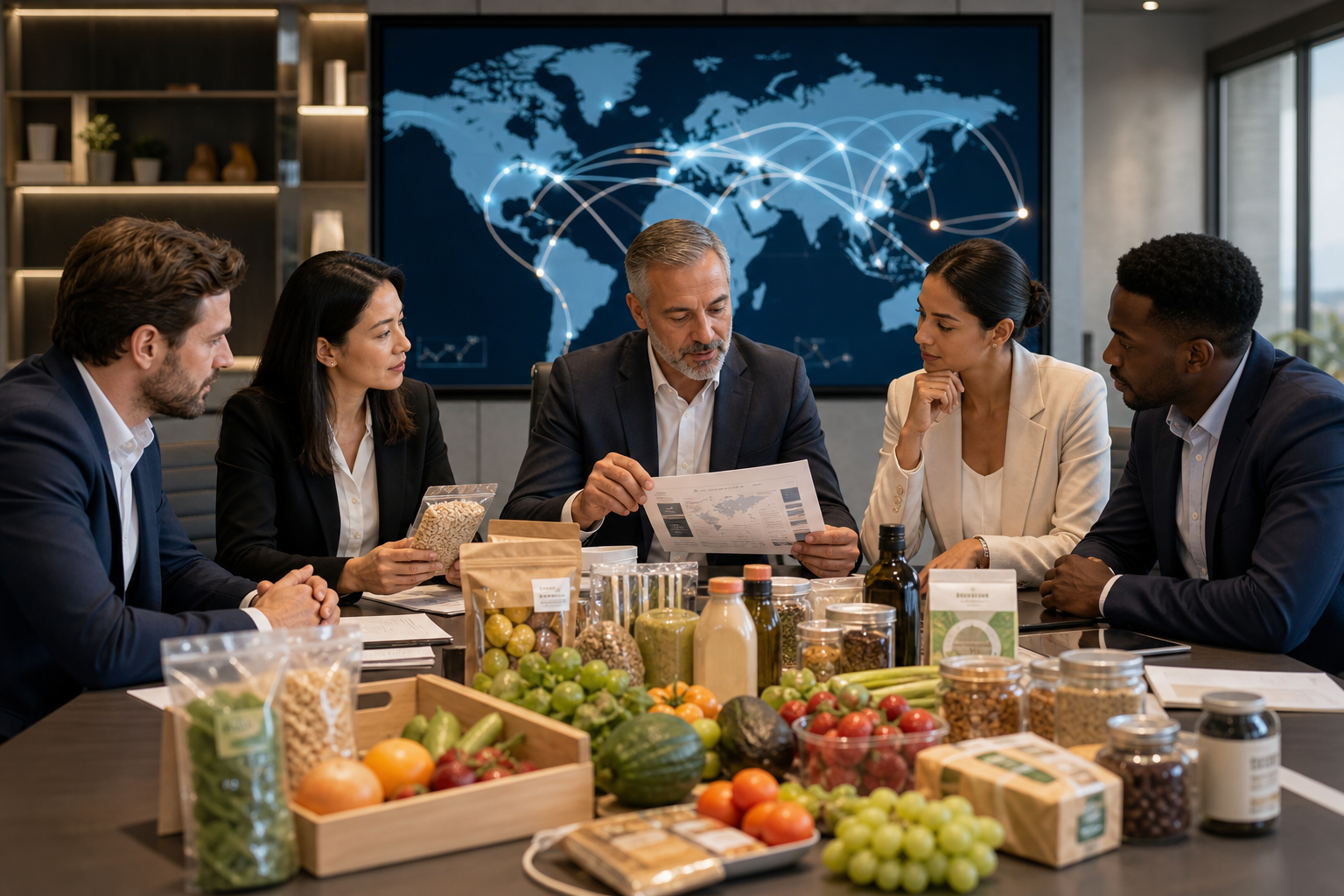Executive trade partners reviewing premium agrifood export samples and global shipping documentation in a modern boardroom