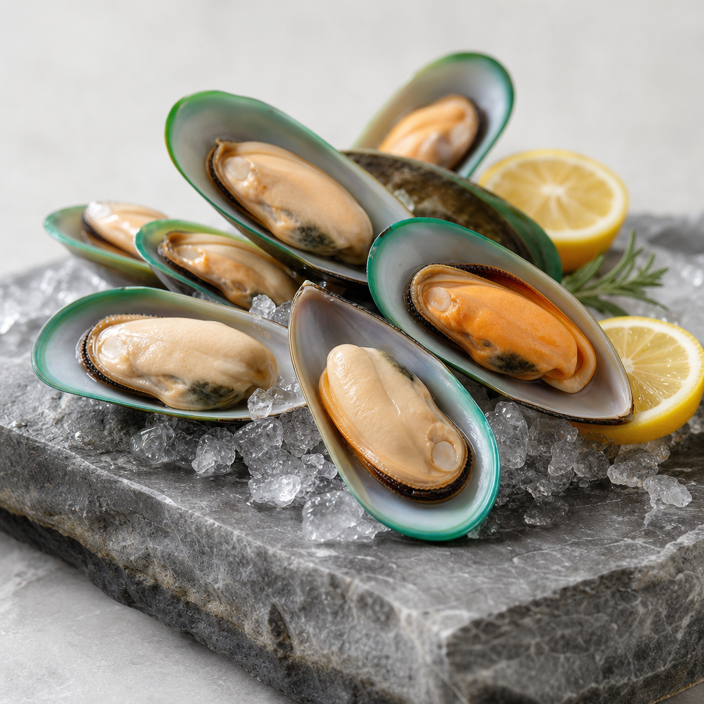 Fresh New Zealand green lipped mussels with vibrant green edges arranged on a chilled stone slab with citrus