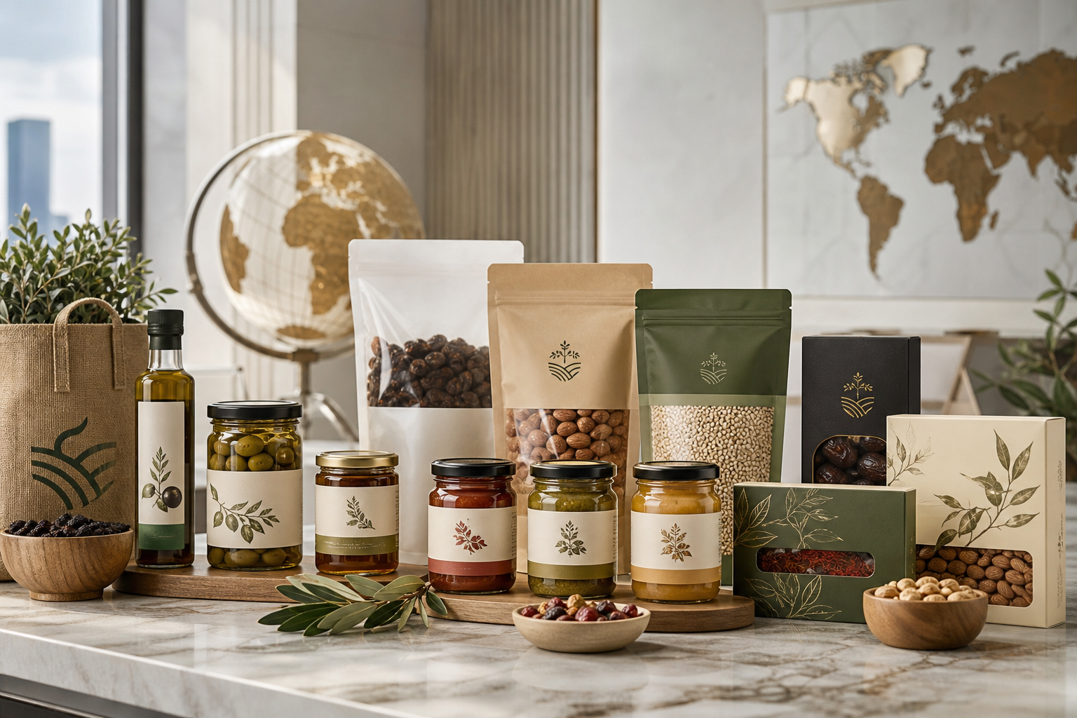Curated selection of premium agrifood exports arranged on a polished presentation table