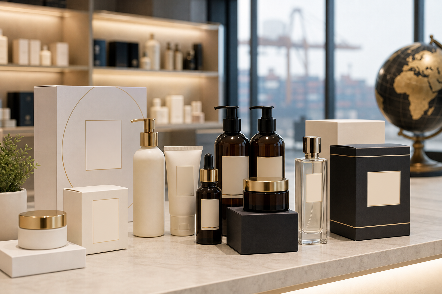 Premium consumer goods packaging display with clean labels and export-ready branding