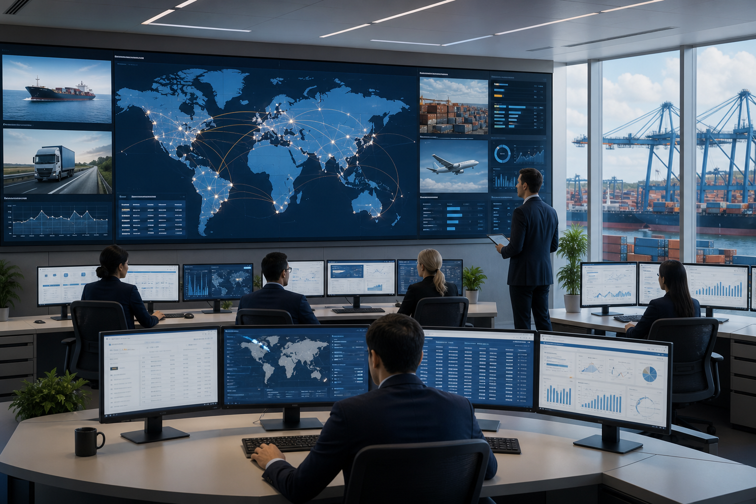 International trade logistics control room with shipment routing displays and planning desks