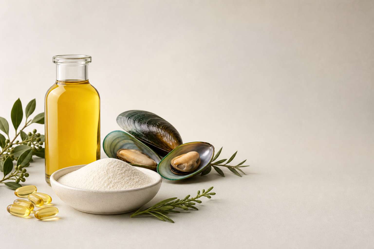 Premium health and wellness export category banner with botanical extracts, bee-derived wellness products, and supplement formats on a neutral background