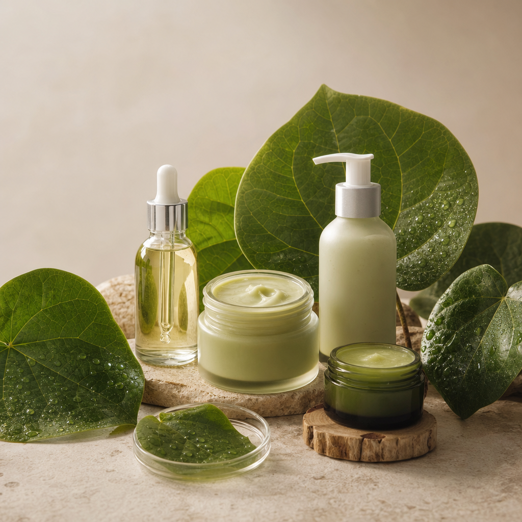 Minimal white skincare jar with subtle botanical accents