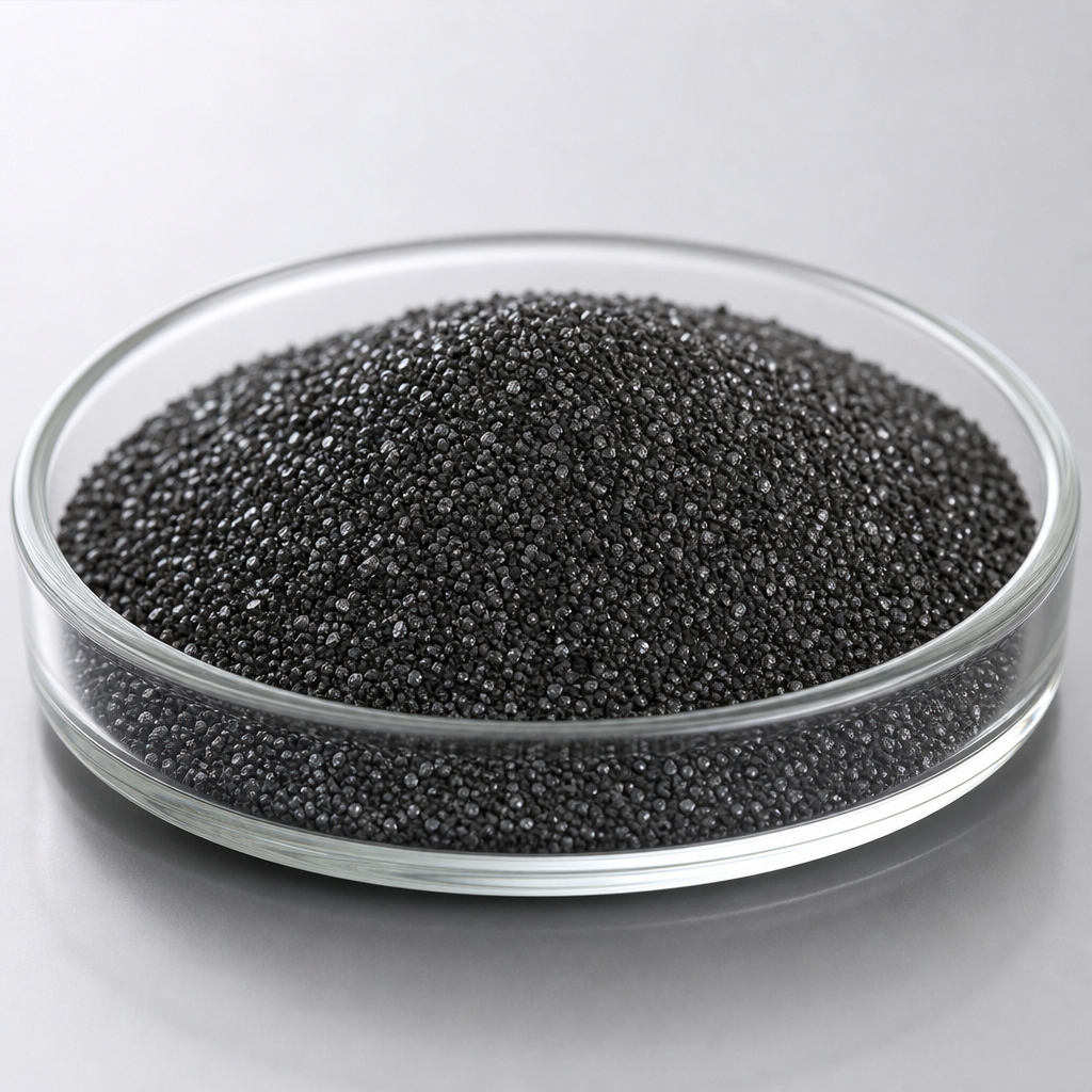 Dark iron sand granules in a minimal industrial studio setup