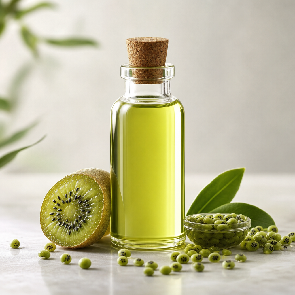 Clear bottle of kiwi seed oil with fresh green seeds beside it