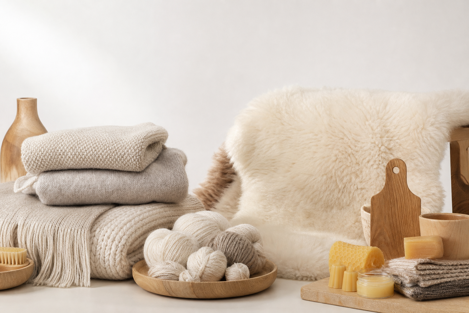 Premium lifestyle artisan export display featuring neutral-toned wool textiles, natural timber pieces, and beeswax accents arranged in a clean studio setting