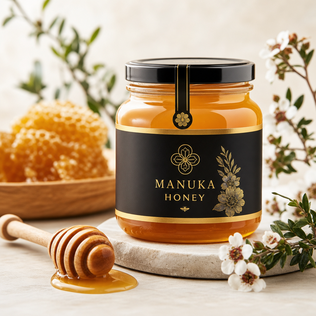 Premium studio product photography of Manuka Honey in a refined export-ready presentation