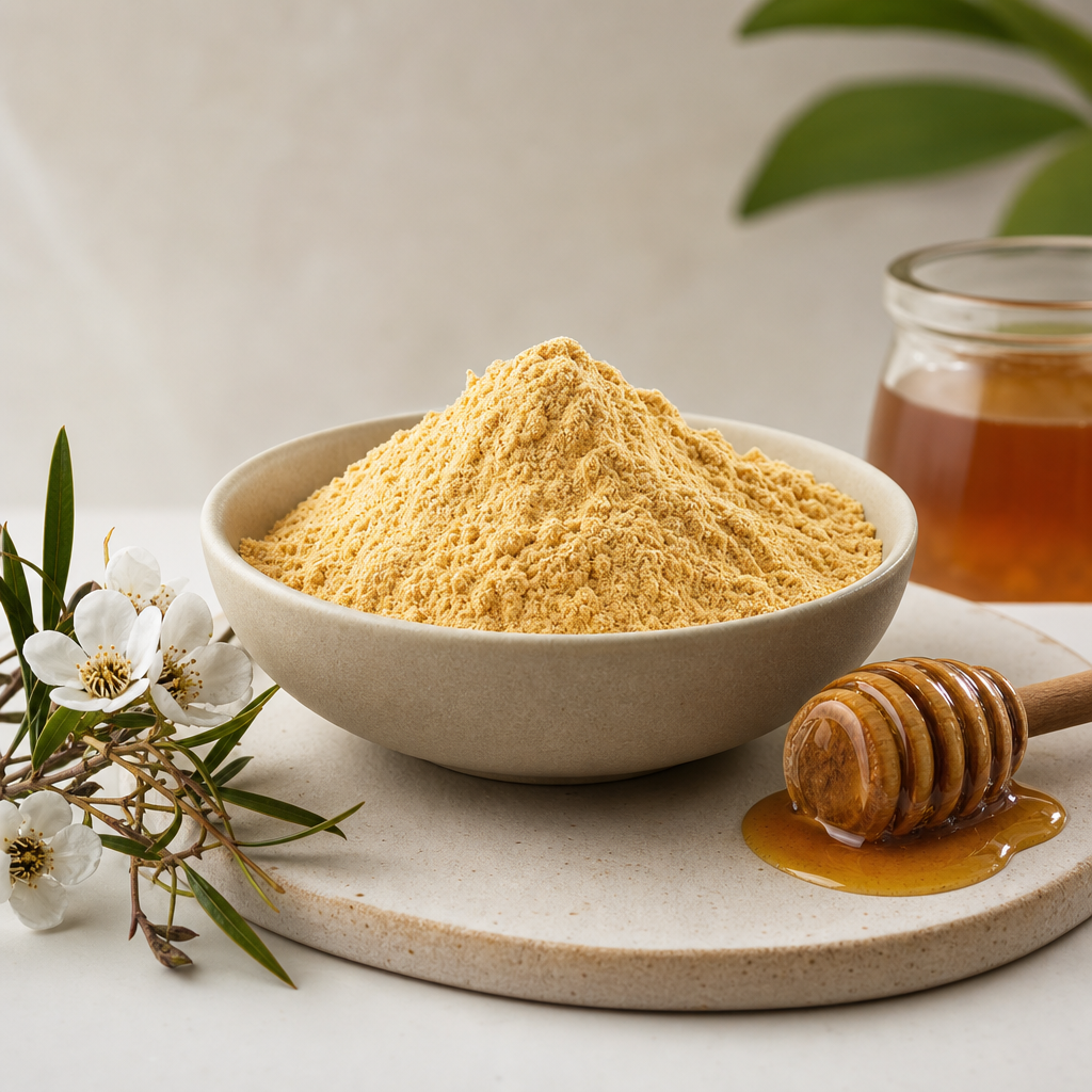 Manuka honey powder in a matte ceramic bowl with a wooden honey dipper, premium studio lighting